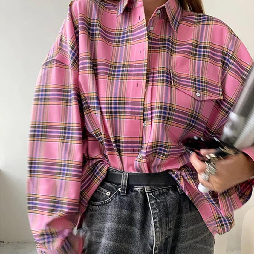Vintage American Classic Plaid Shirt for Women Spring Summer New Trendy Streetwear Pink Plaid Top Loose Long Sleeve Blouse