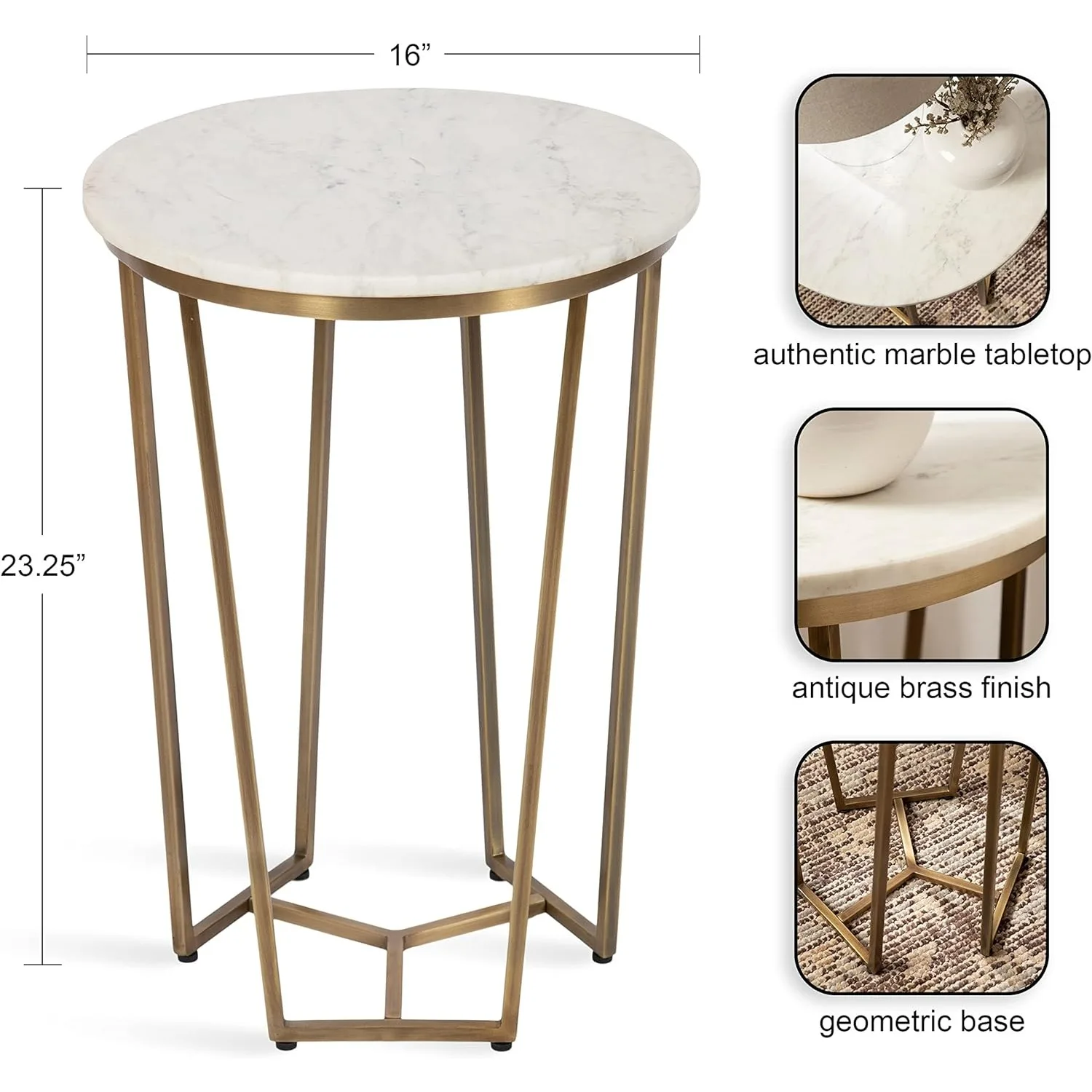 Solvay Round Metal and Marble Side Table, 16 x 16 x 24, White Marble and Antique Brass, Modern Glam