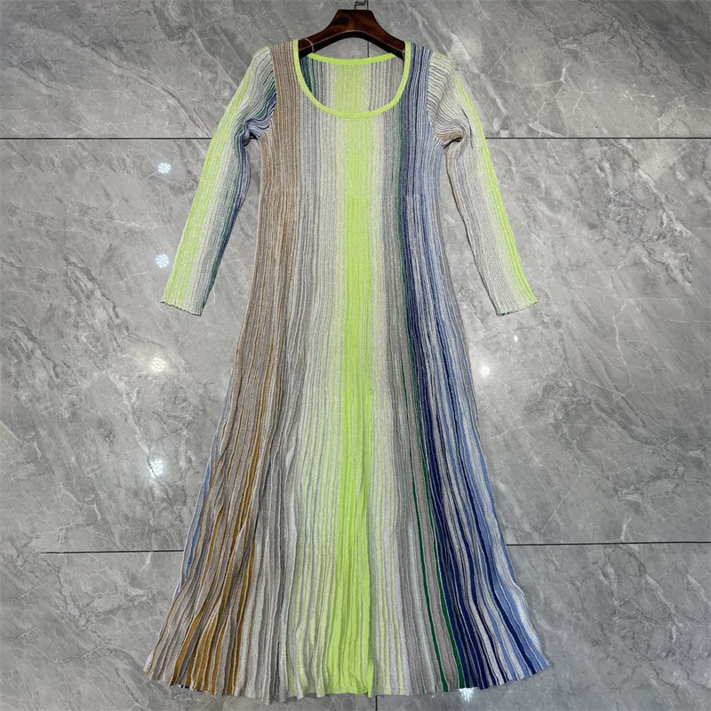 

Женское платье. Новое эластичное трикотажное длинное платье с круглым вырезом на лето 2021. Металлическая пряжа в полоску. Платья миди. Отпускное платье.