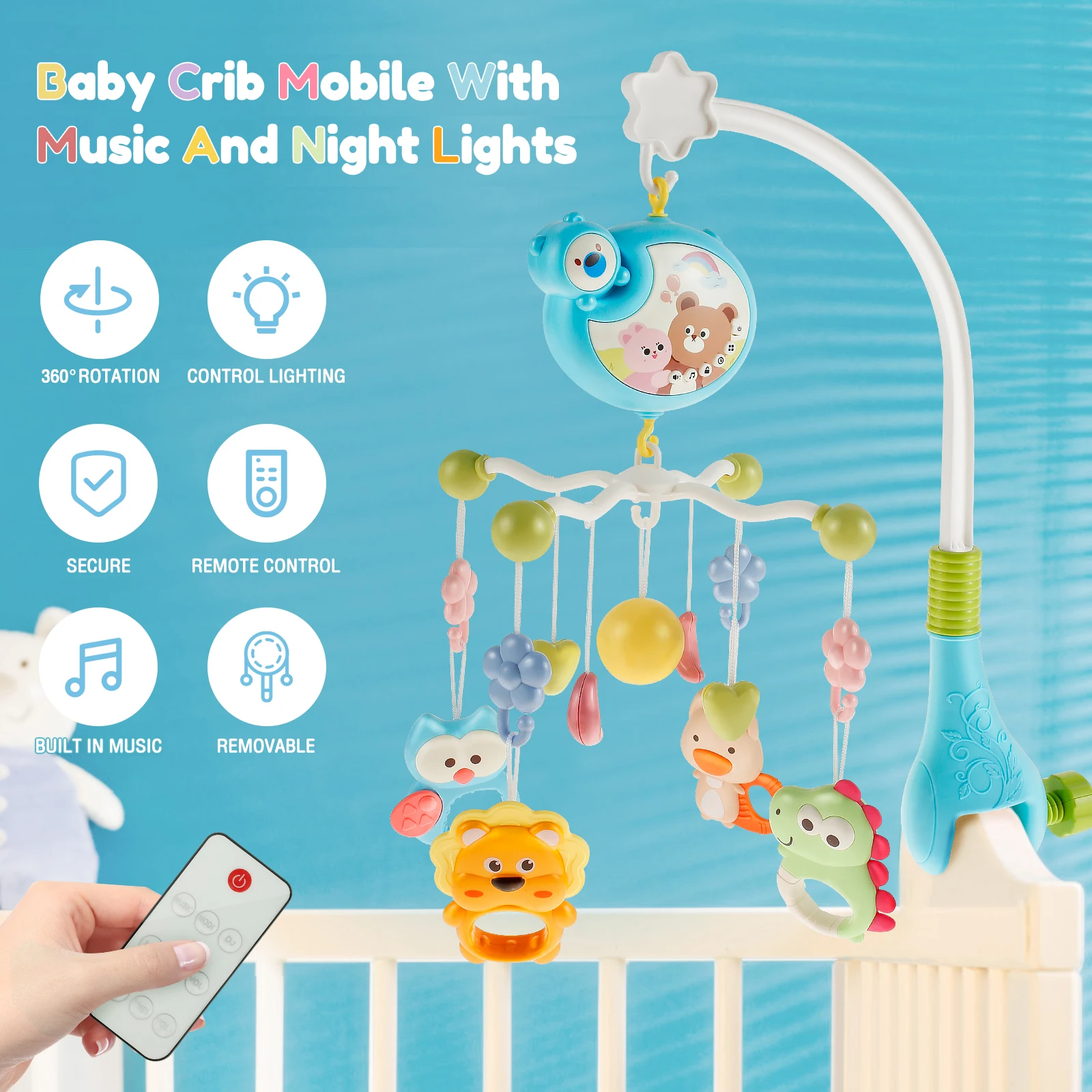 Baby Crib Mobile with Music and Light Cute Crib Mobile Toys with Remote Control 360° Rotation Baby Musical Crib Mobile