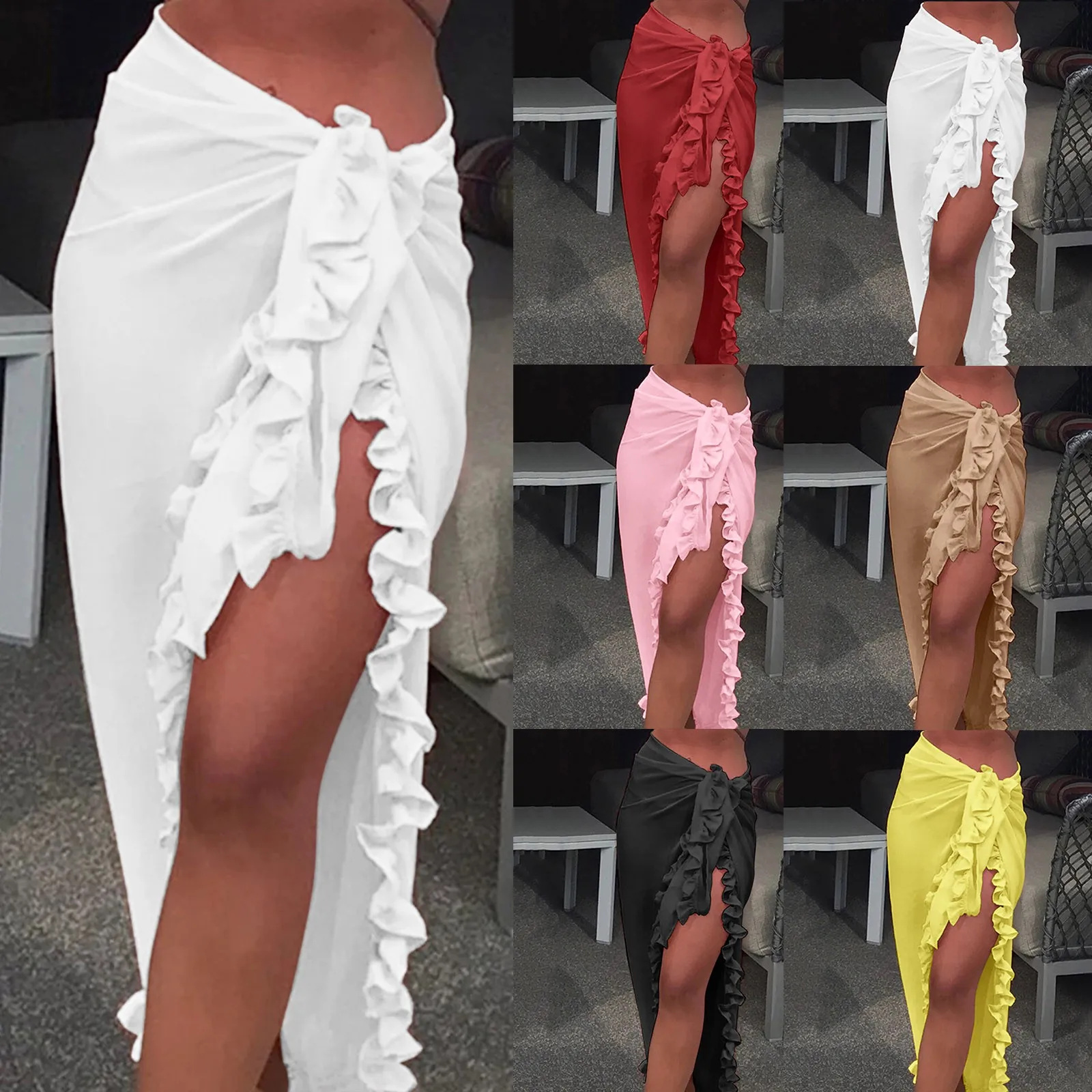 

Women Chiffon See-Through Beach Bikini Cover Up Wrap Scarf Swimwear Pareo Sarong Dress Solid Ruffle Casual Beach Dress