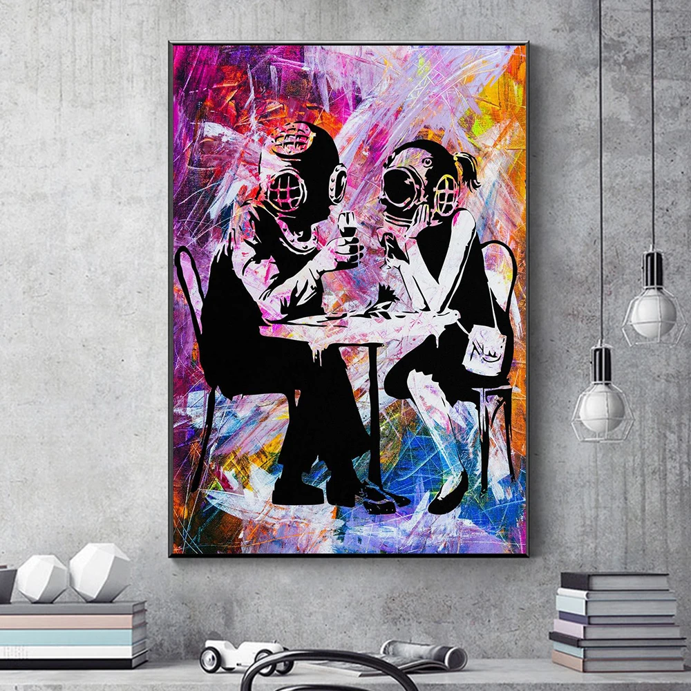 

Banksy Abstract Graffiti Art Canvas Painting,Fashion Diver Couple,Nordic Home Decor,Posters and Prints,for Living Room Pictures