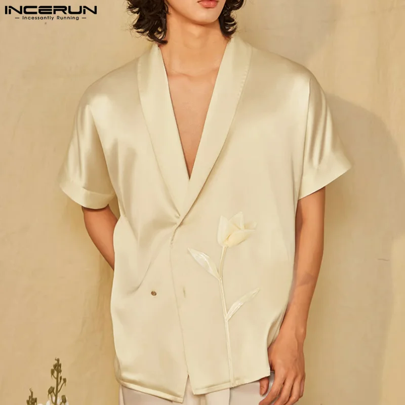 

INCERUN Fashion Men Shirt Solid Color Flower Satin Lapel Short Sleeve Male Shirts Tops 2025 Oversize Men Clothing Streetwear