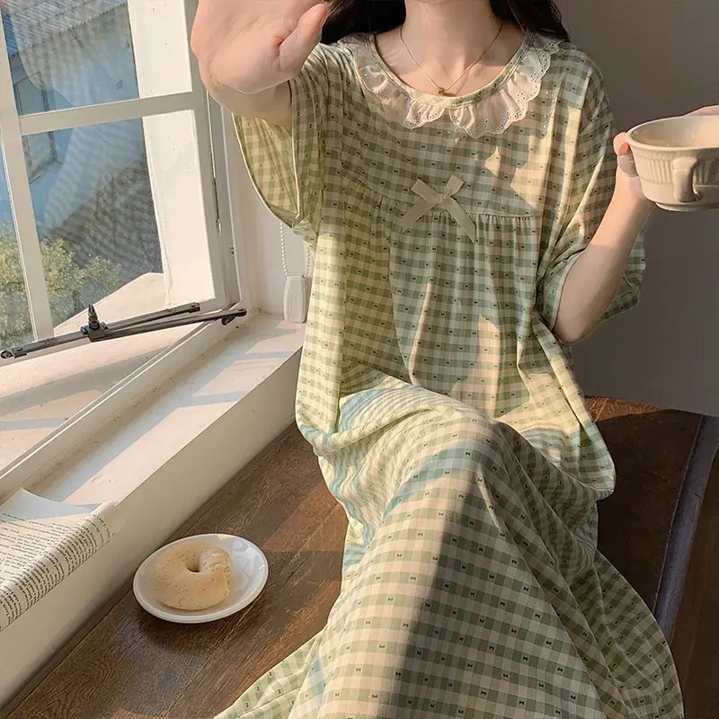 Plaid Women Nightgown Sleepwear Lace Short Sleeve Night Dress Summer Bow Night Wears Bow Korean Style One Piece Pajamas 2024 New