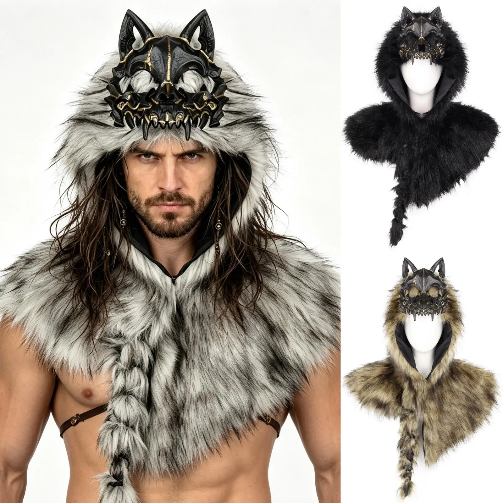 Kunstfell Mittelalterlicher Wikinger-Wolfschädel-Mantel mit Kapuze, Schulterumhang, Kopfbedeckung, Cosplay-Requisiten für Halloween-Partys und Aufführungen