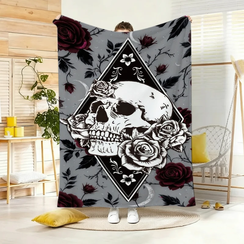 Metallic Skull Golden Roses Dark Artistic Flannel Blanket For Dramatic Bedroom Decor Soft Warm Throw Blanket Gift