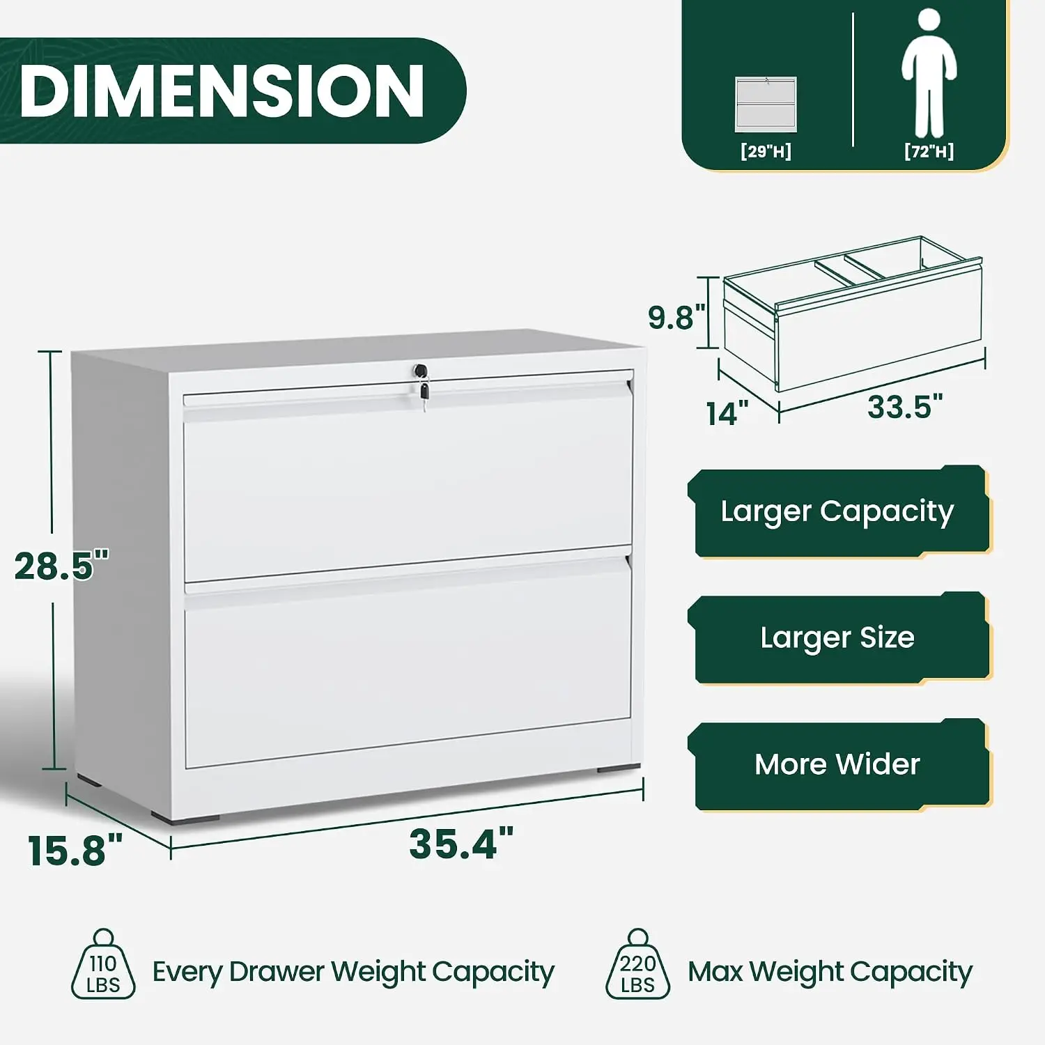 2-Drawer Metal Lateral File Cabinet, Locking Office Storage, Heavy-Duty Steel, Full-Extension, Letter/Legal/A4, Customized