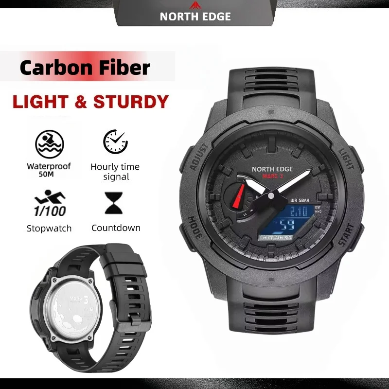 

NORTH EDGE Mars3 Men Digital Watch Carbon Fiber Case Ultra Lightweight Waterproof 50M LED Countdown Alarm For Running Hiking