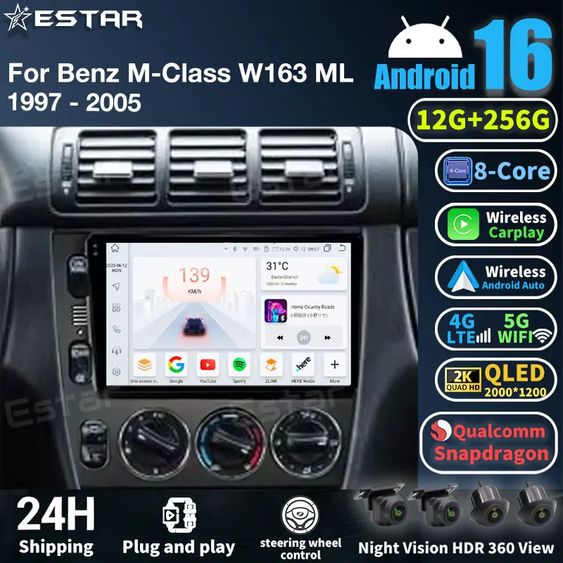 Android 16 Car Radio For Mercedes Benz M-Class W163 ML 1997 - 2005 GPS Multimedia Player Navi Carplay Stereo Head Unit 360Camera
