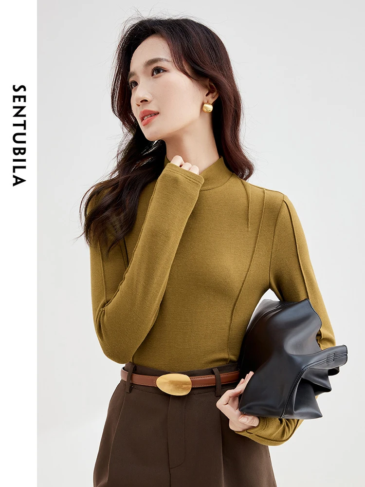 SENTUBILA Coffee Fleece Tshirt Woman High Strecth Slim Long Sleeve Top 2024 Spring Half Turtleneck Pullovers Female 134T52063