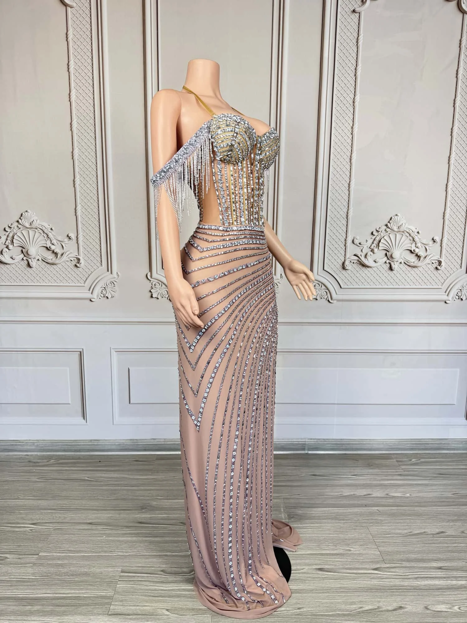 Gorgeous Rhinestone Fashionable Evening Dress Sexy off Shoulder Slit Dress Birthday Wedding Banquet Party Celebrity Dress saidao