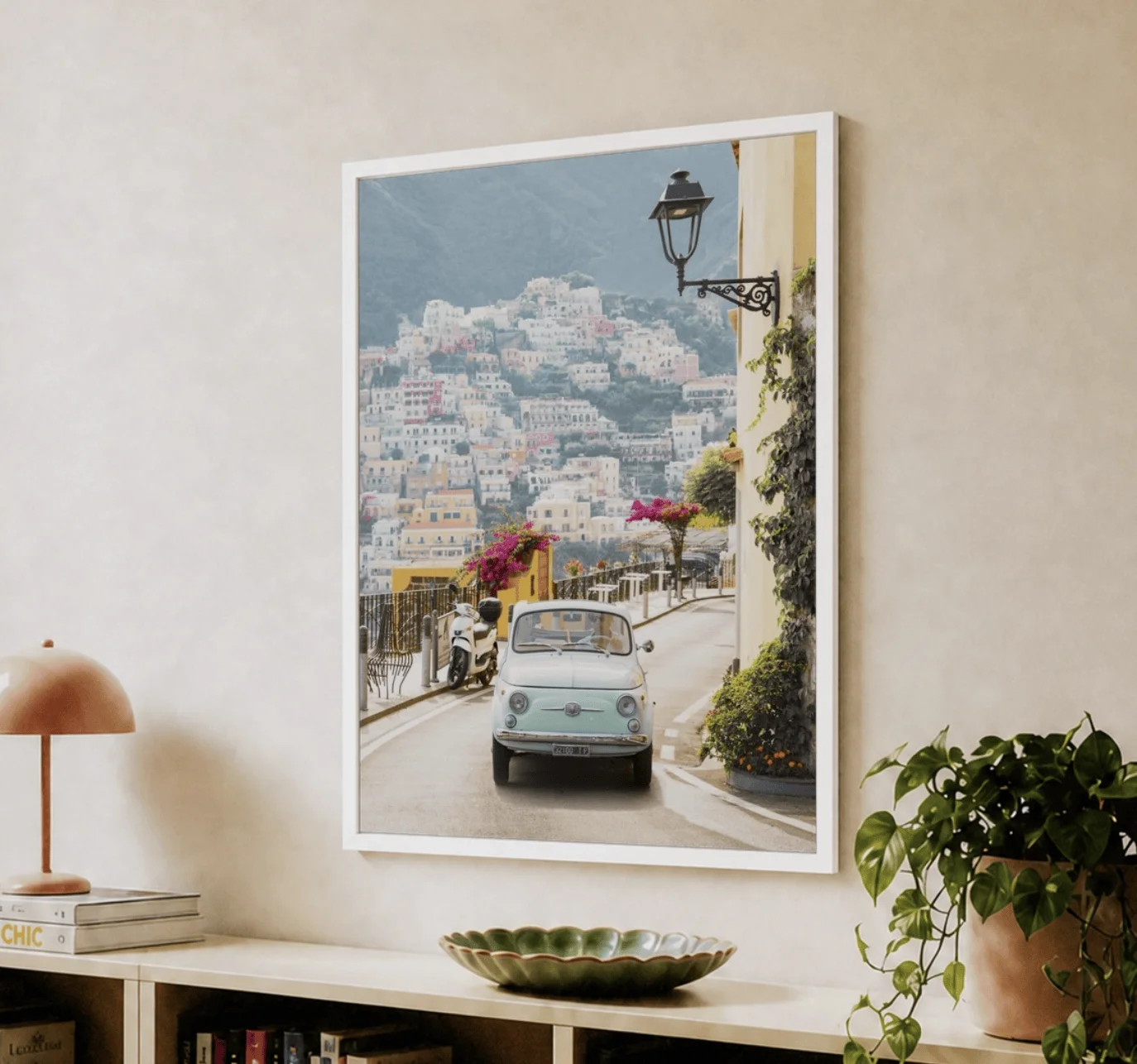 Italian Coastal Town Wall Art Canvas Prints, Vintage Mint Car Posters, Scenic Travel Decor for Living Room Bedroom Wall Decor