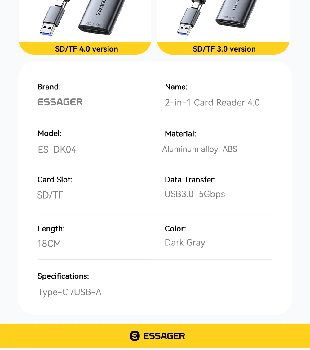 Essager Kartenleser SD4.0 312MB/s USBA Typ-C zu SD MicroSD TF Speicherkarten-Adapter für Laptop PC iPhone Huawei MacBook Windows – Detail 12