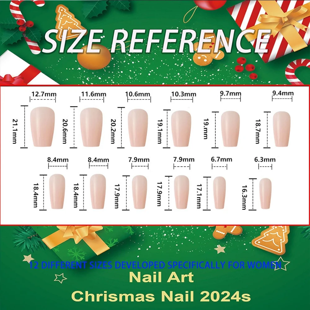 24pcs Red French Glitter Snowflake Fake Nails For Christmas 3D Red White Lines Design Press On Nails Short Coffin For Women Deco