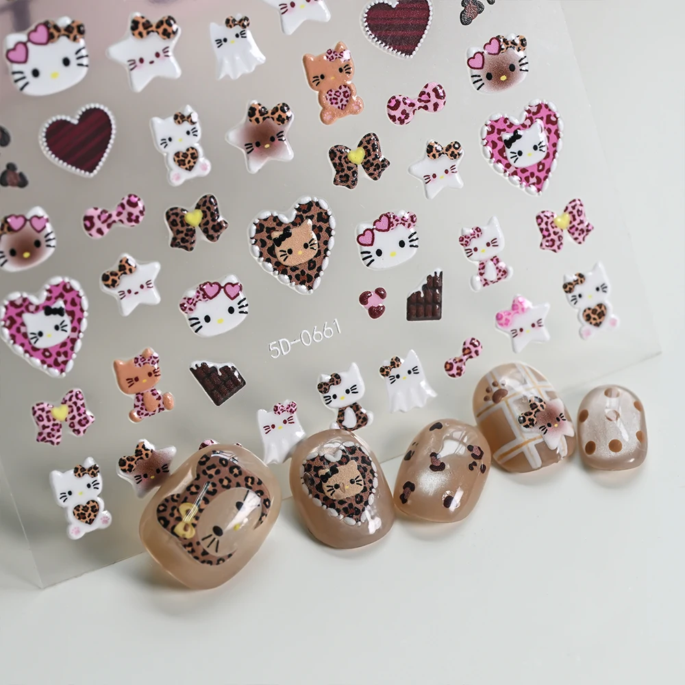 1Pc 5D dessin animé imprimé léopard Hello Kitty chapeau ongles autocollants léopard Kitty tête casquette arc adhésif décalcomanies KT étoile coeur ongles curseurs