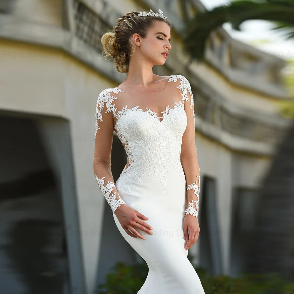 ANGEL 맞춤형 긴 소매 시스루 레이스 아플리케 인어 웨딩 드레스 2025 긴 신부 드레스 버튼 장식 베스티도스 데 노비아