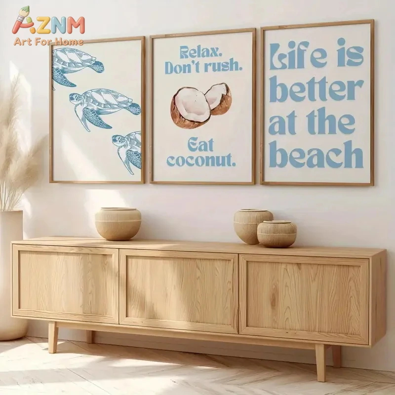 3PCS Coastal Boho Sea Turtle Coconut Canvas Wall Art Set Beach Quote Prints Posters 