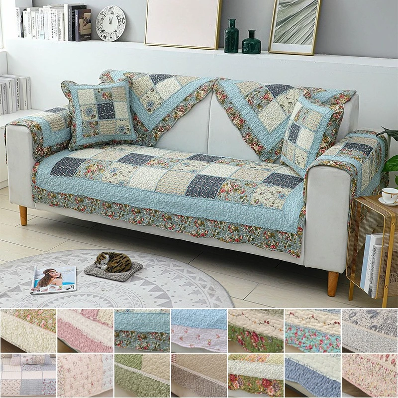 

100% Cotton Quilted Sofa Cover Slip Resistant Patchwork Floral Pad Universal Size for Living Room Furniture Decor Anti Slip Mat