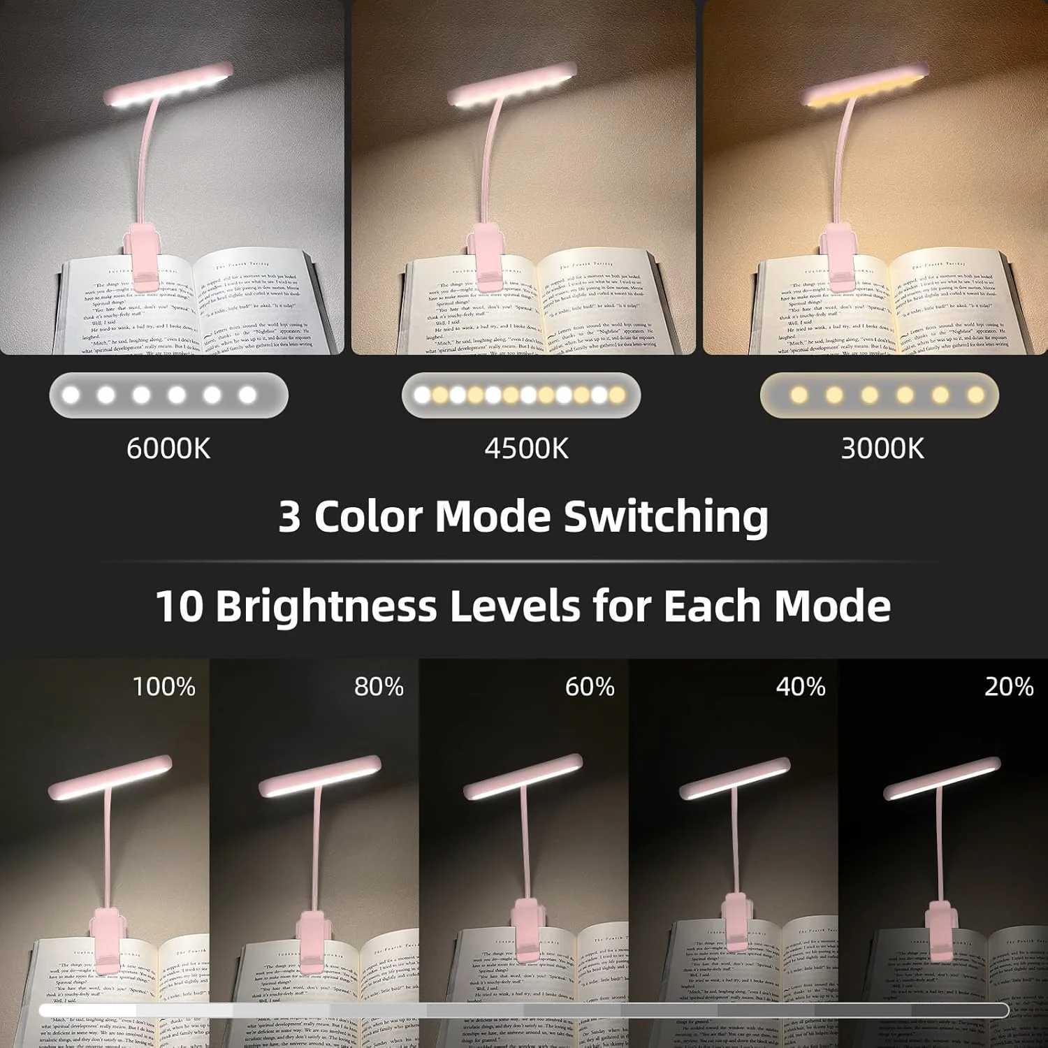 Reading Lamp Book Clamp Black/White/Pink USB Rechargeable Battery 600mAh Flexible Gooseneck Clip Light 10 Brightness Dimmable view 2