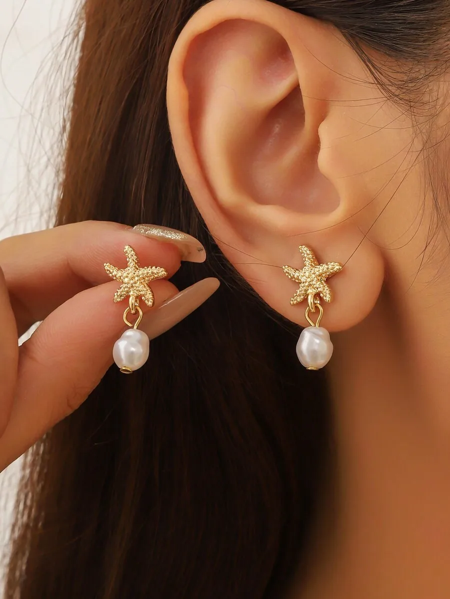 Minimalist Starfish Faux Pearl Beach Drop Earrings