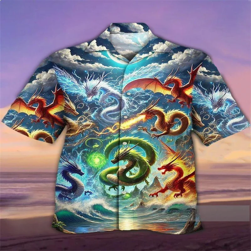

Enchanting magical world mysterious dragon print Cuban collar Hawaiian short sleeved shirt, sparkling space starry sky magma dra