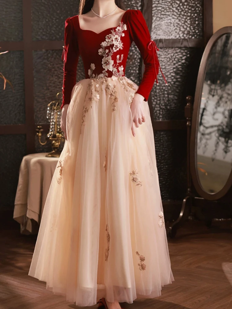 Customized Fashion Chinese Temperament Constrast Color Wedding Party Dresses Elegant Square Collar Full Sleeve Tiered Gown Flora