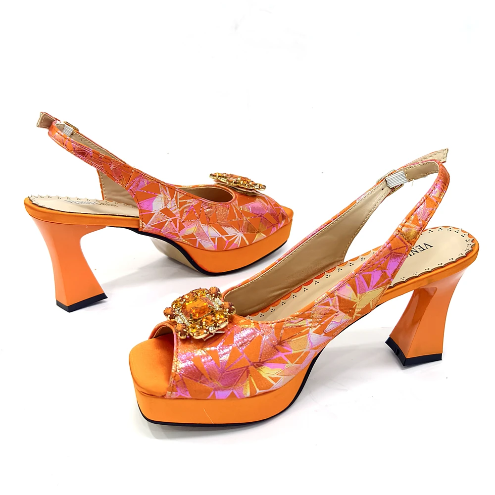Venus Chan 2025 INS Orange Color Elegant Women Shoes and Bag Set Decoration Rhinestones Square Head Women High Heels Shoes - view 6