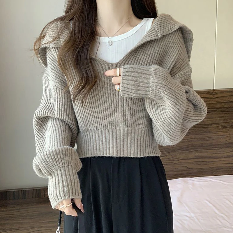 Rimocy Turn Down Collar Cropped Sweater Women Autunm Winter Long Sleeve Knitted Jumper Woman Korean Style Solid Color Jerseys