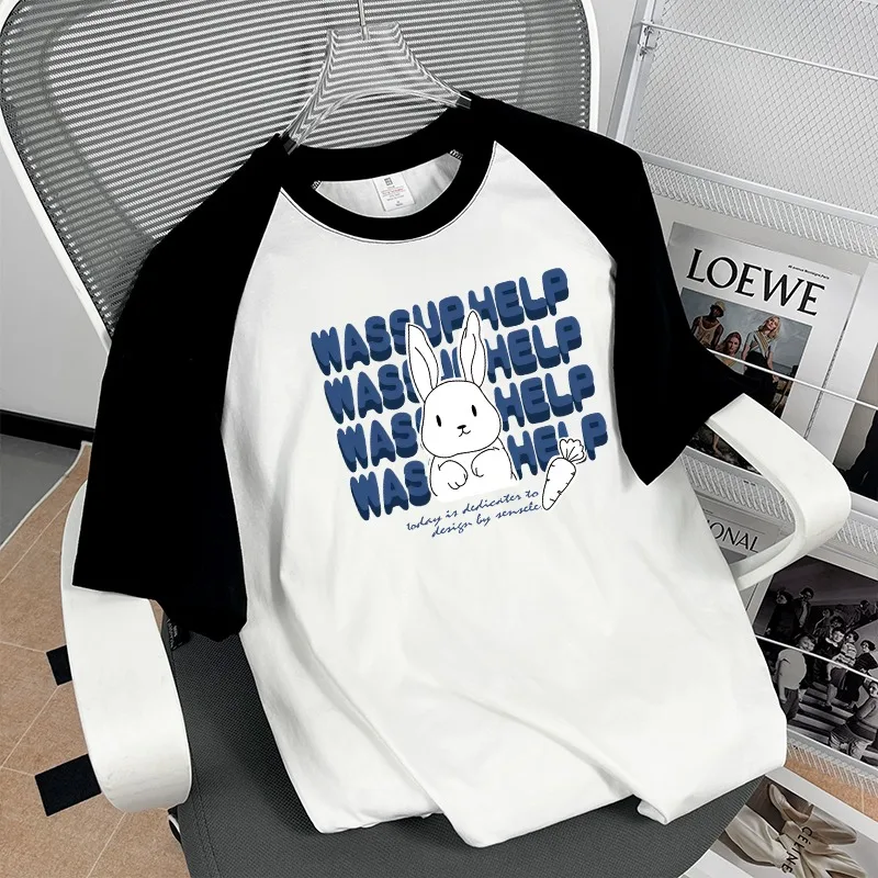 New Women's Cotton T-shirt Girl Hip-Hop Oversized Graphic T Shirts Cartoon Harajuku Color Block Short Sleeve Tee Women Clothing