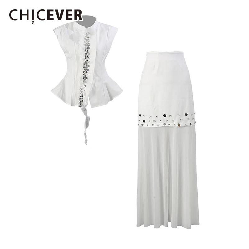 

CHICEVER белый комплект из двух предметов с блестками, женская водолазка, рубашка без рукавов, повседневные свободные женские комплекты с юбкой, модный стиль