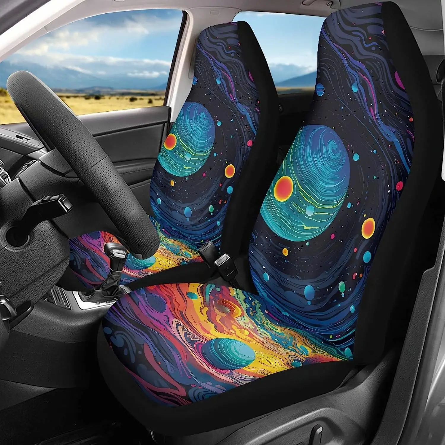 Universal Car Seat Covers Set of 2 Cartoon Psychedelic Planet Space Print Auto Accessories Carseat Front Seats Fit Cars Seats