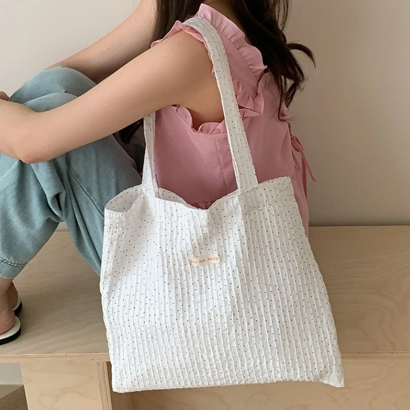 New Polka Dot Printed Women's Shoulder Bag Simple Design Female Canvas Shopping Bag Large Capacity Commuter Tote Girls Handbags