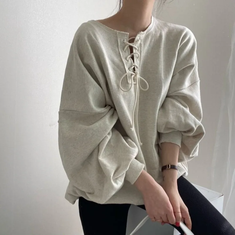 

Korean Chic Autumn and Winter New Retro Lace Up Pullover Lantern Sleeve Hoodie Loose and Age Reducing Top Female Clothing