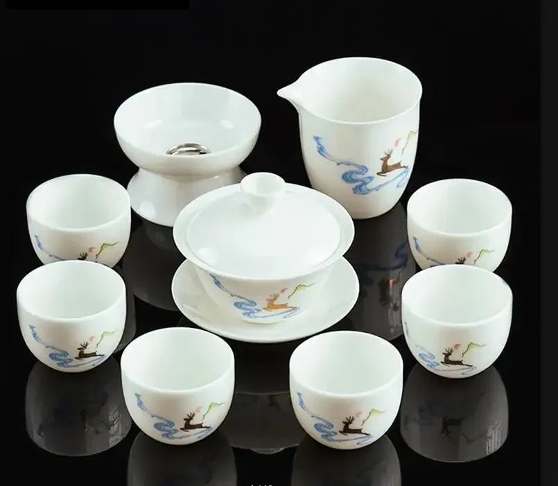 10Pcs High-quality White Porcelain Kungfu Tea Set CreativeOffice Teaware Set Bone china Teacup Gaiwan Strainer Fair Cup