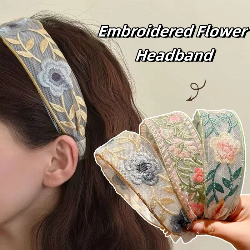 Retro Embroidered Flower Headband for Women High-grade Floral Hair Bundle Fabric Wide Edge with Teeth Fashion Headband