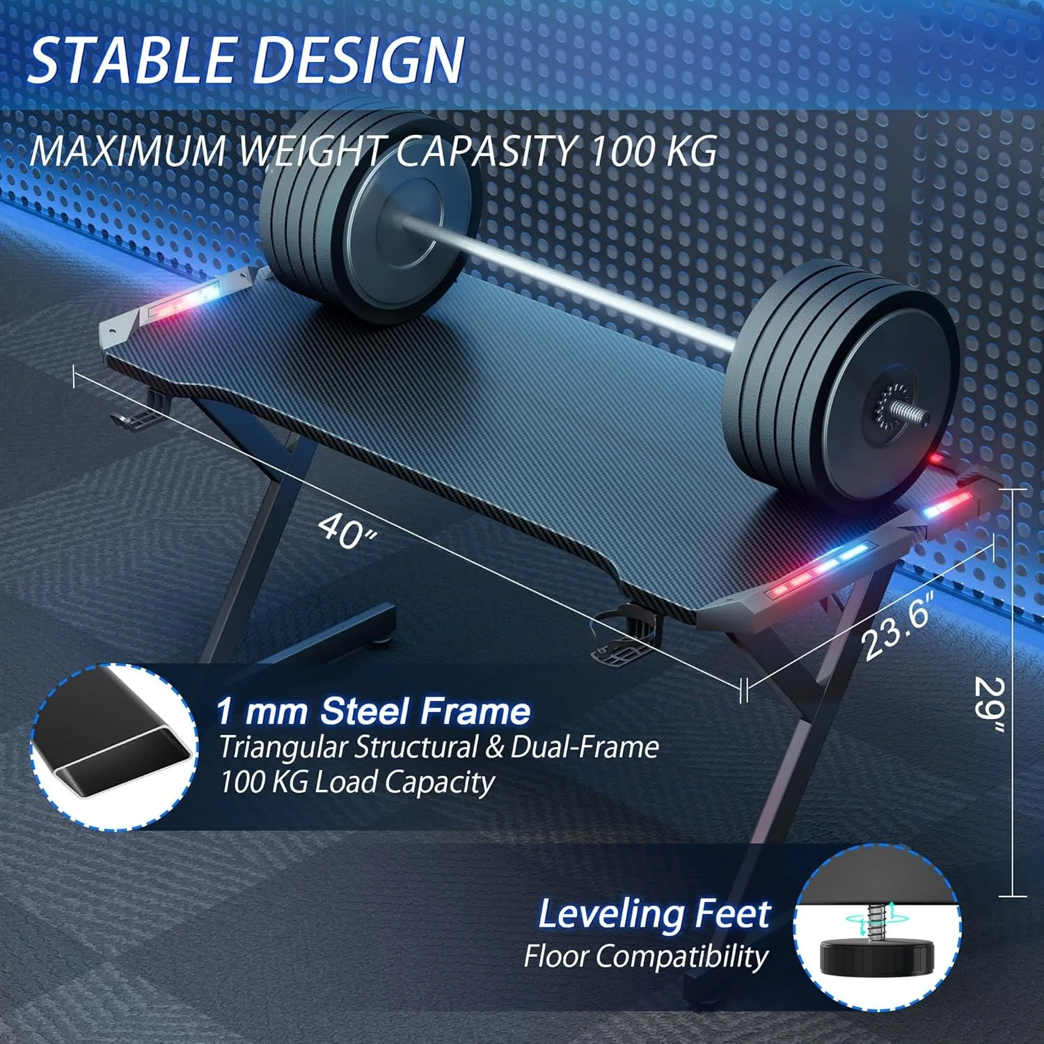 مكتب ألعاب مقاس 40 بوصة مزود بمصابيح LED، ومكتب كمبيوتر للمكتب المنزلي، وطاولة كمبيوتر مريحة #3