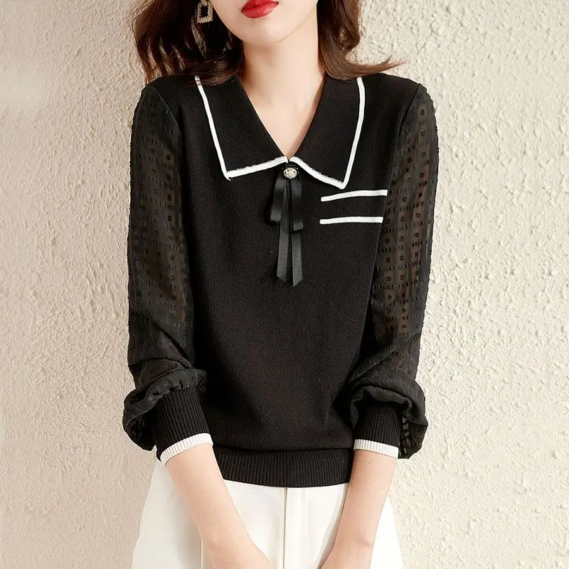 Peter Pan Collar Patchwork Chiffon Knitting Pullovers Autumn Winter New Fashion Bow Long Sleeve Sweater Ladies All-match Jumpers