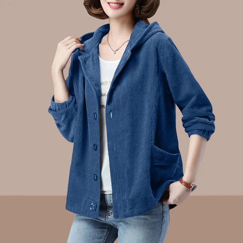 Solid Color Spring Autumn Corduroy Jacket Women\'s 2022 Winter Outwear Velvet Thick Simple Loose Jacket Mother  Hooded Warm Coat