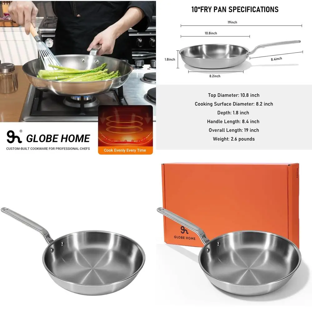 

10 5-Ply Stainless Steel Fry Pan with Aluminum Core for Even Heat, Compatible with Induction and All Stoves, Oven-Safe, Dishwash