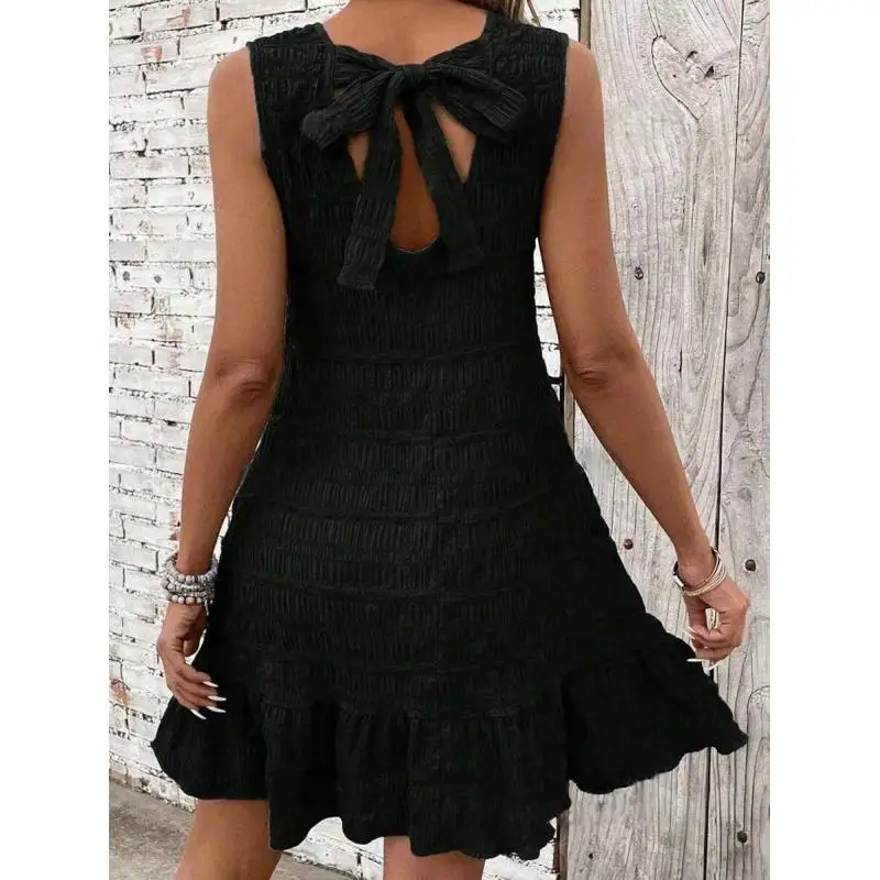 Women Fashion O-neck Solid Sleeveless backless Bow Dresses 2025 Summer Streetwear Female Casual Wild Ruffle A-line Mini Dress