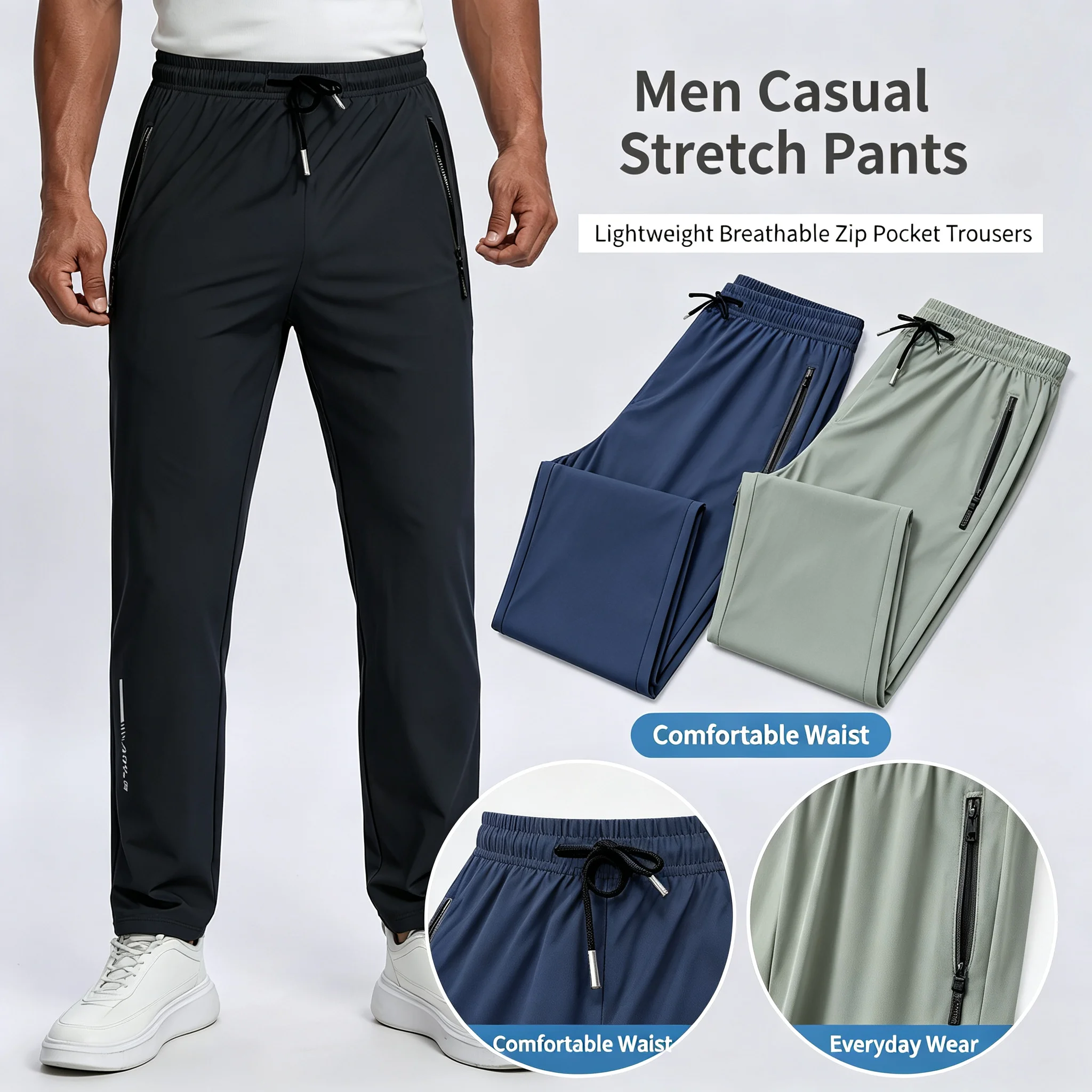 Men Breathable Quick Dry Sports Pants, Moisture Wicking Trousers with Reflective Print, Drawstring Pockets & Zipper Details, Outdoor Fitness Gym Casual Street Wear