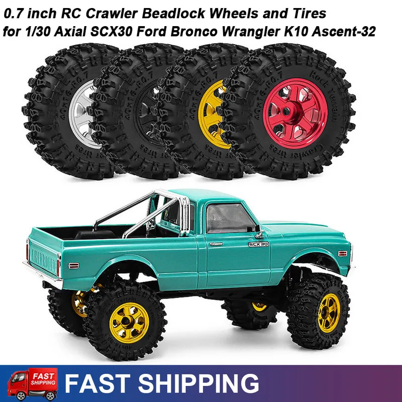 4PCS 0.7 inch Metal RC Cralwer Beadlock Wheels Rims and Tires for 1/30 Axial SCX30 Ascent-32 Jeep Wrangler K10 Ford Bronco