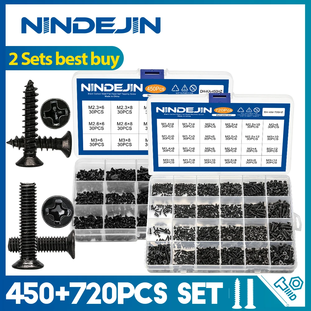 

NINDEJIN 450pcs Cross Flat Head Tapping Screws Kit M2.3-M3 Carbon Steel 720pcs Countersunk Head Phillips Mini Screw Set M1.4-M3