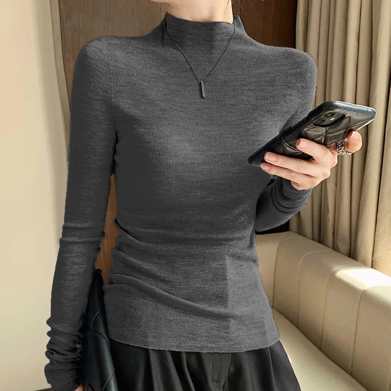 

Seamless Count Fine Wool For Women, Half Turtleneck Base Shirt, Thin Close-Fitting Slightly Sheer Knitted Sweater, Inner