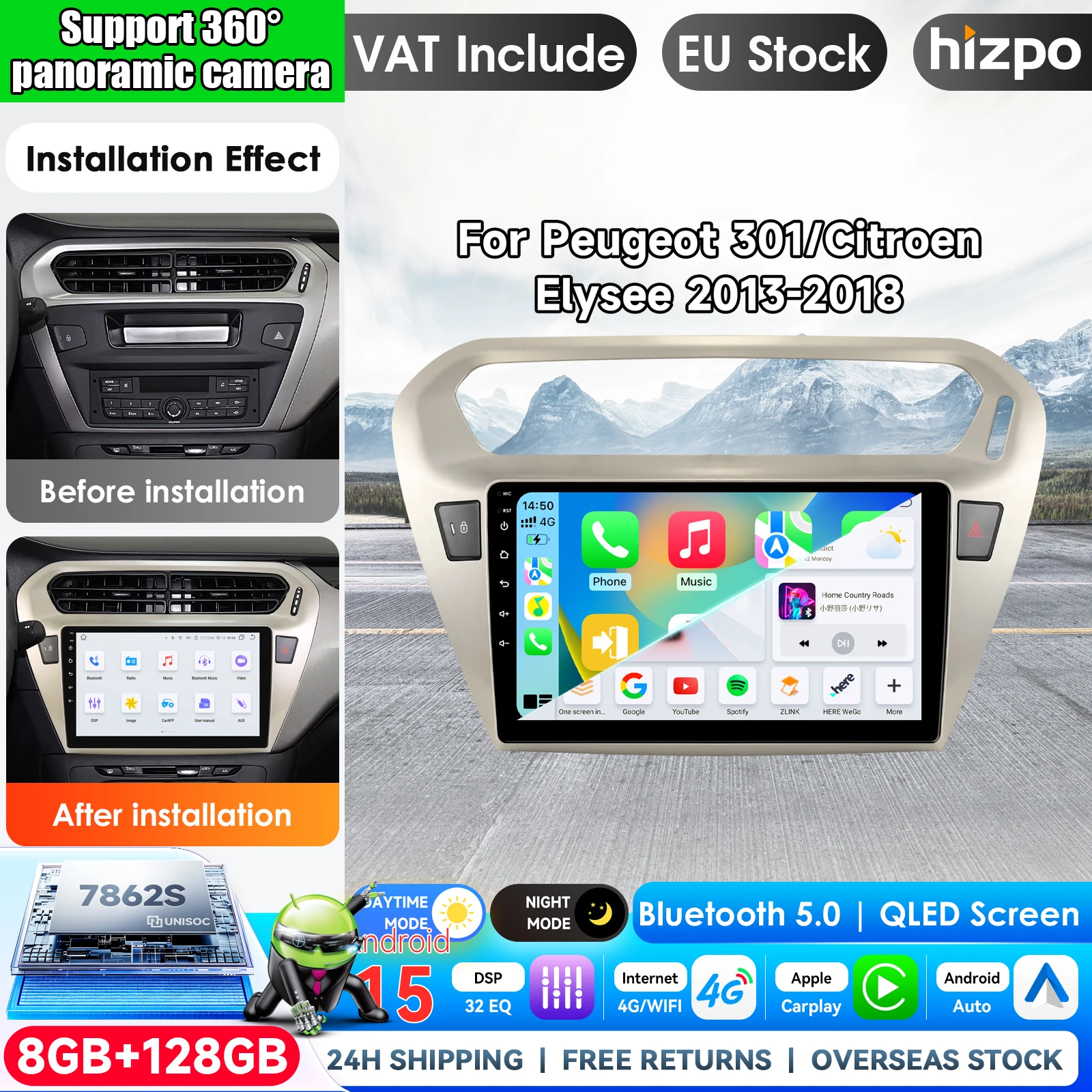 Hizpo Kabelloses CarPlay Android Auto Autoradio für Citroen C-Elysee / Peugeot 301 2012-2020 mit integriertem Kühlventilator, Android GPS-Navigation, Multimedia-Player, WiFi, DSP, RDS, BT, SWC,