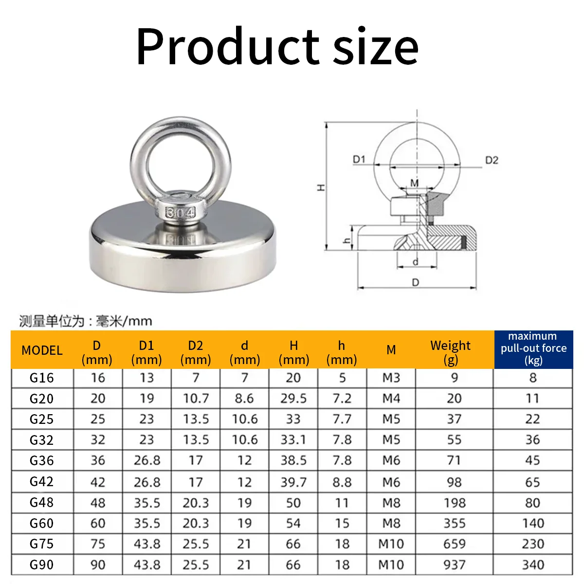 G25mm Super Strong Neodymium Fishing Magnet N52 Heavy Duty Rare Earth Magnet with Countersunk Hole Eyebolt Salvage Magnetic