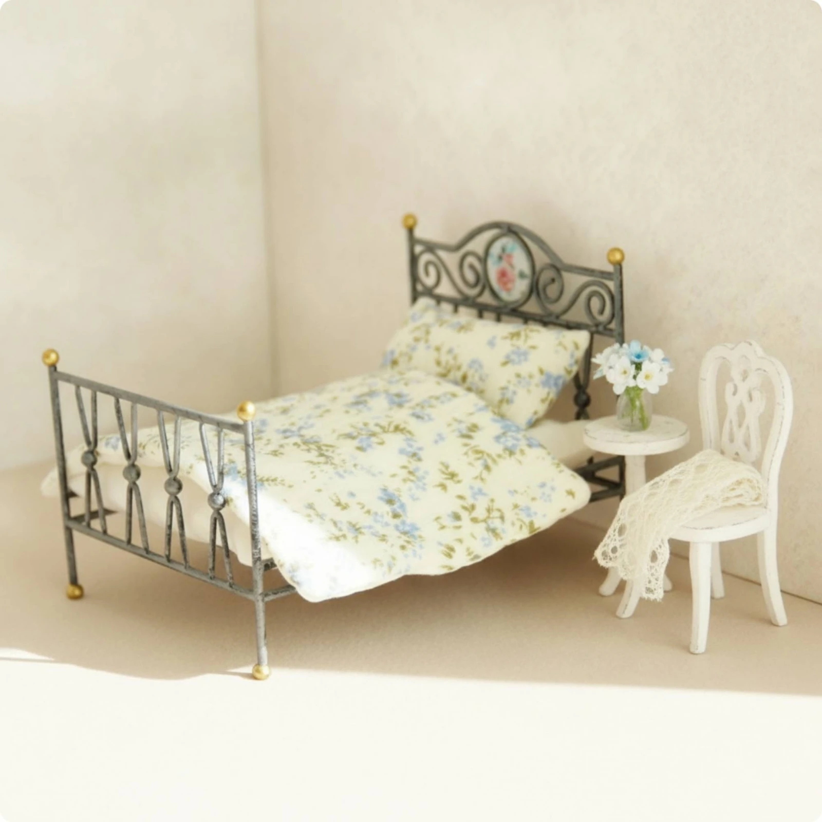 Bed with Bedding Vintage Miniature Metal Bed Furniture 1:12 Scale Stable for Collectors, Display Scenes