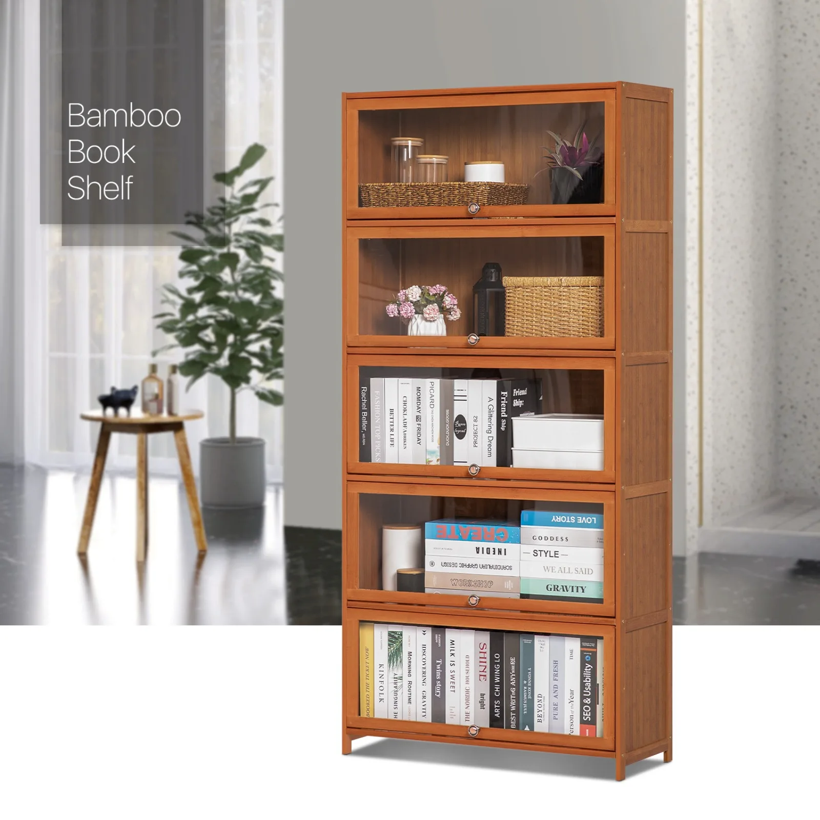 

US 32" Bamboo Flip-Up[ACRYLIC DOORS]Bookshelf Storage Cabinet Display Rack Bookcase