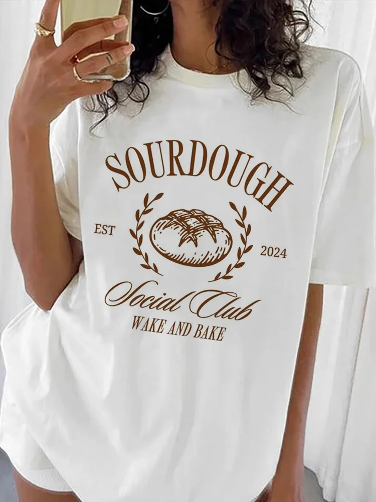 Ladies' T-Shirt Trend 90s Sourdough Social Club Wake and Bake Pattern Fashionable Short Sleeved Cute T-Shirt Printed O-Neck T-Sh