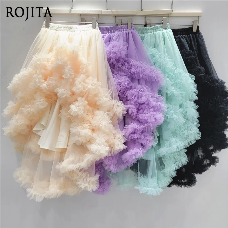 Retro Green Mesh Fluffy Irregular Skirt Women's Summer High-end Temperament Waist Black Skirt Midi Skirt Kawaii Skirts